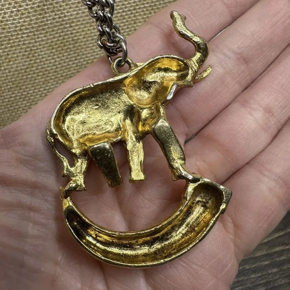 Vintage Elephant on Tusk Necklace Gold Tone Large Pendant Safari Estate‎ Find